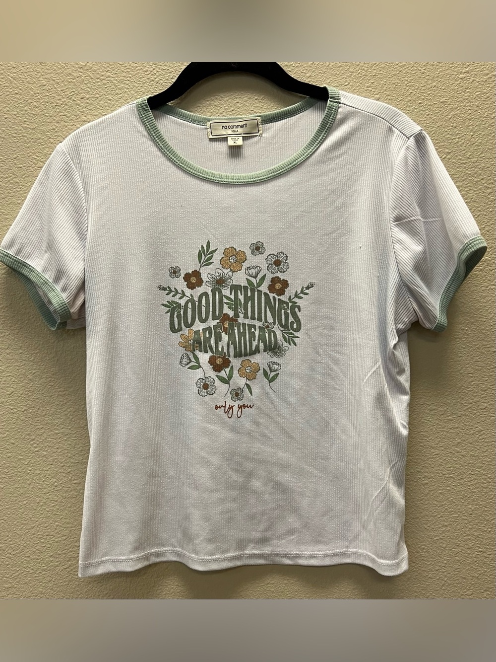 No Comment XL Girls Ribbed Tee with Green Trim and Floral Graphic